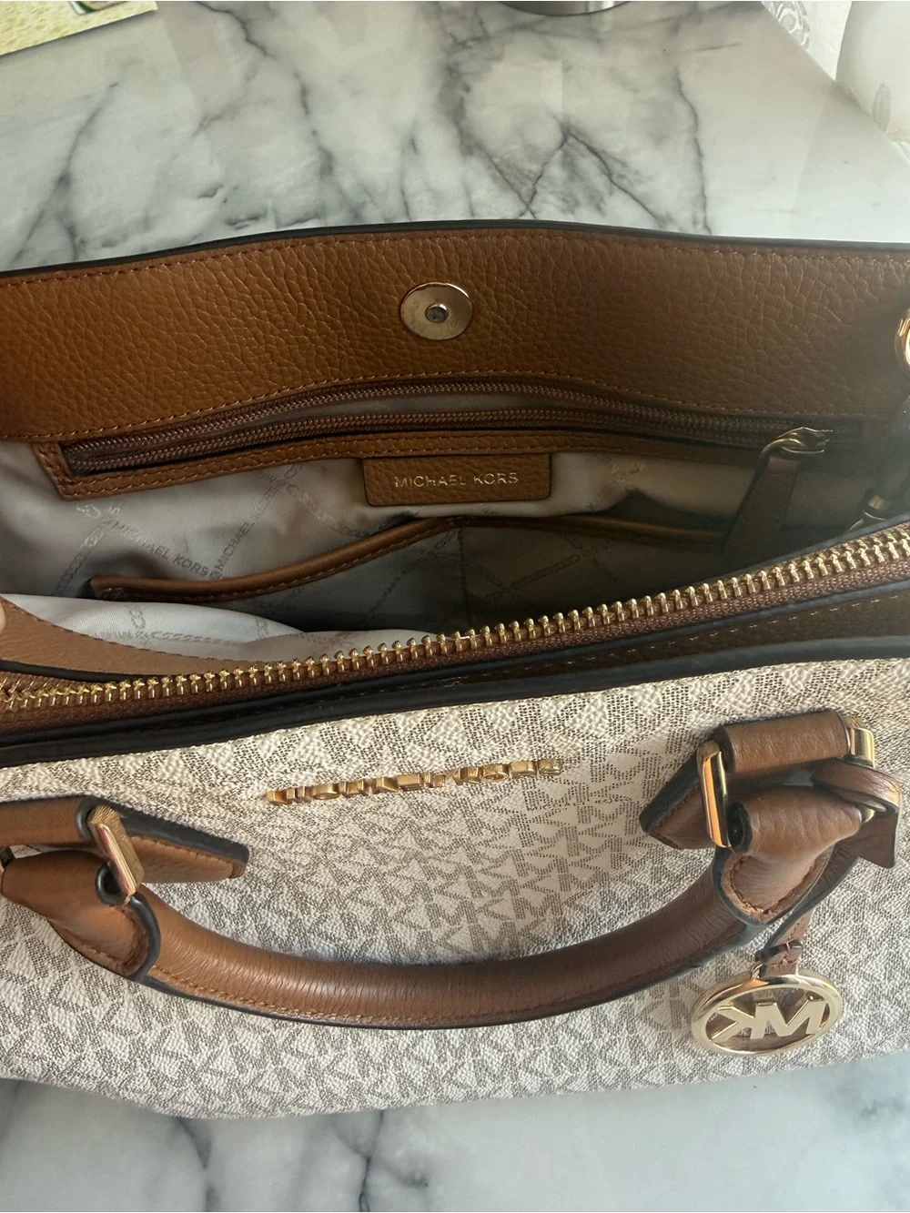 Michael Kors Beige MK Signature Satchel with Brown Trim and Gold Hardware